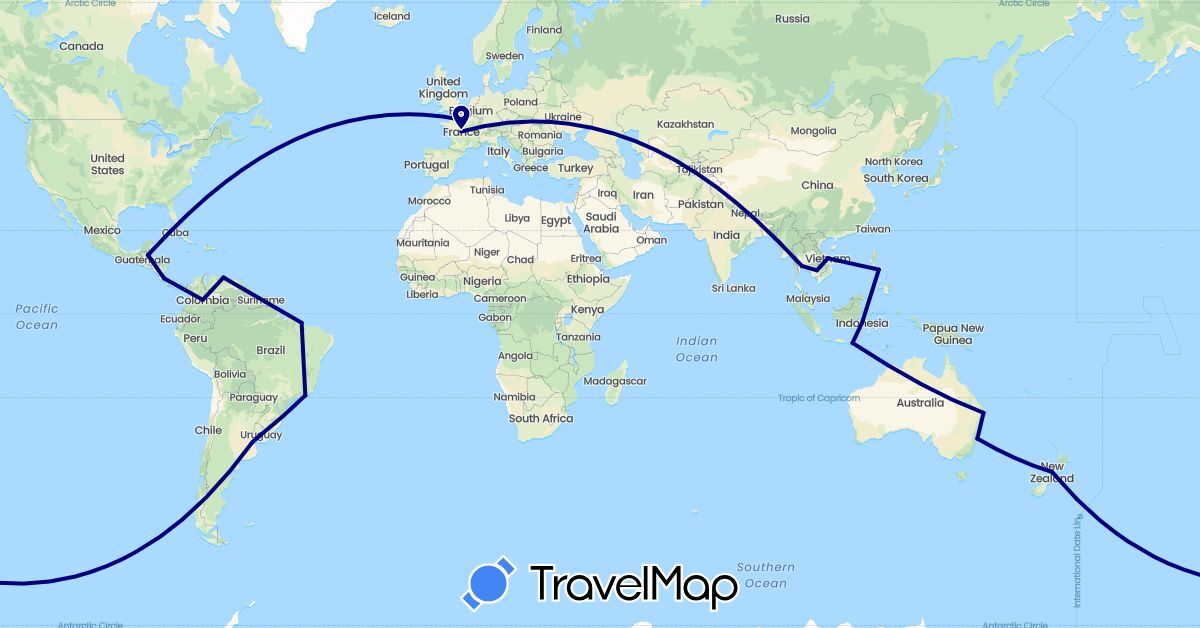 TravelMap itinerary: driving in Argentina, Australia, Brazil, Belize, Colombia, Costa Rica, Cuba, France, Indonesia, Philippines, Thailand, Uruguay, Venezuela (Asia, Europe, North America, Oceania, South America)