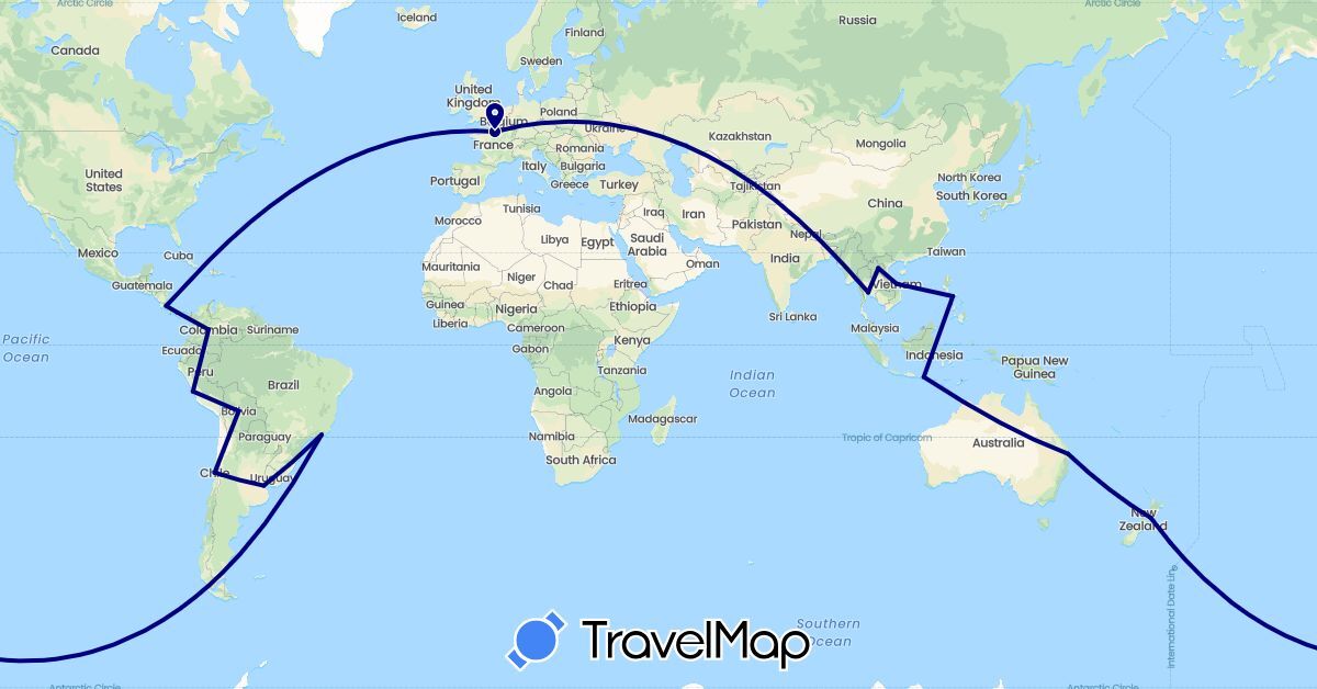 TravelMap itinerary: driving in Argentina, Australia, Bolivia, Brazil, Chile, Colombia, Costa Rica, France, Indonesia, New Zealand, Panama, Peru, Philippines, Thailand (Asia, Europe, North America, Oceania, South America)